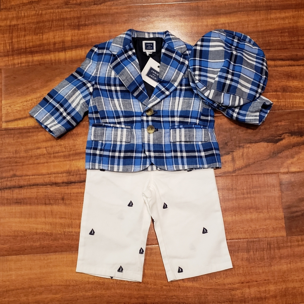 Janie and Jack NWT 3-6 months cobalt plaid linen blazer, sailboat pants and cap